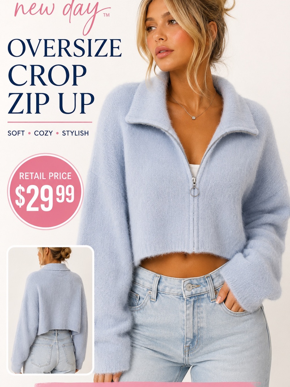 a new day Light Blue Oversize Crop Zip Up Sweater Cardigan